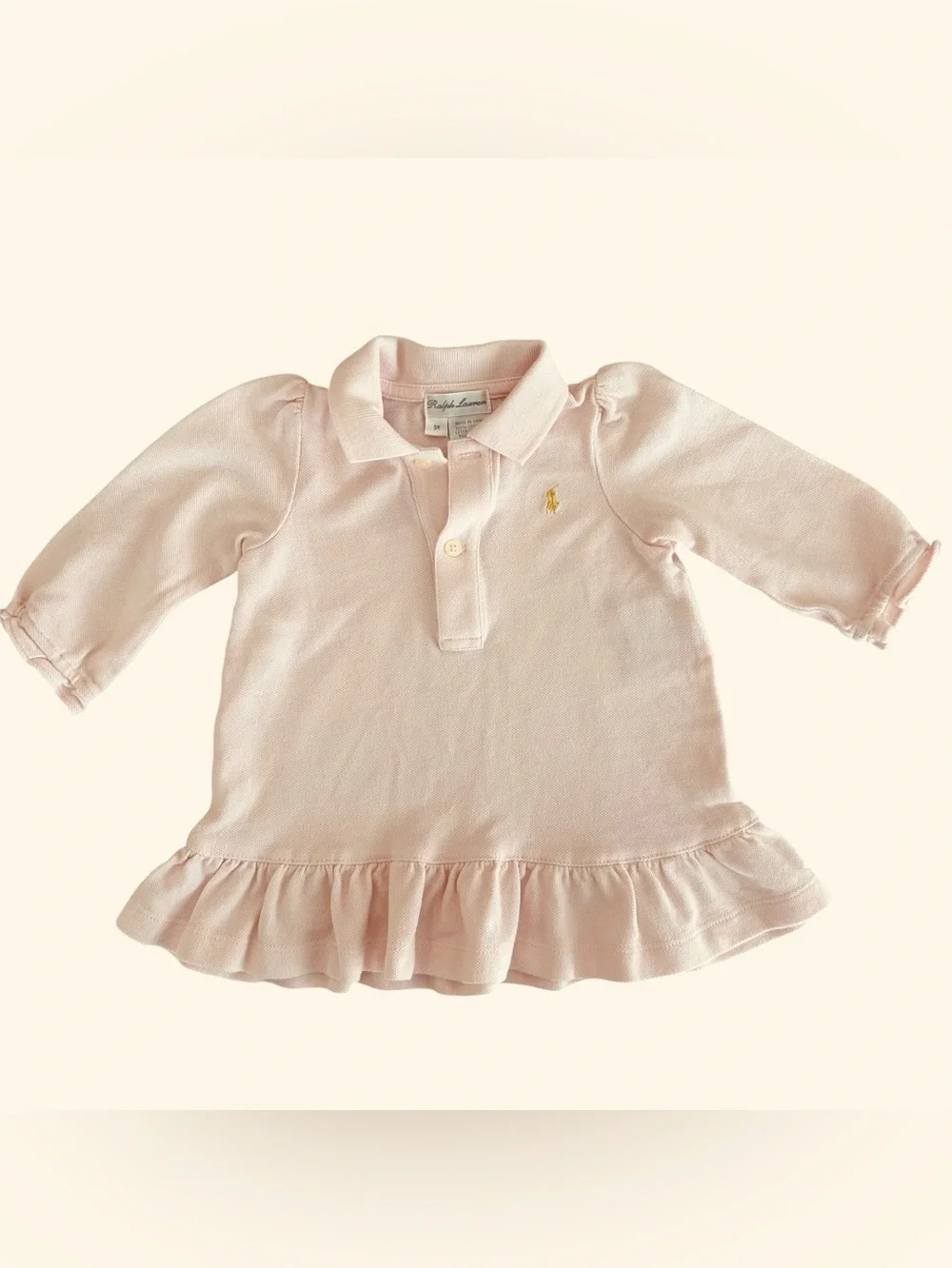 Ralph Lauren Baby Girl Pink Polo Dress 9M Long Sleeve Ruffle Hem Cotton